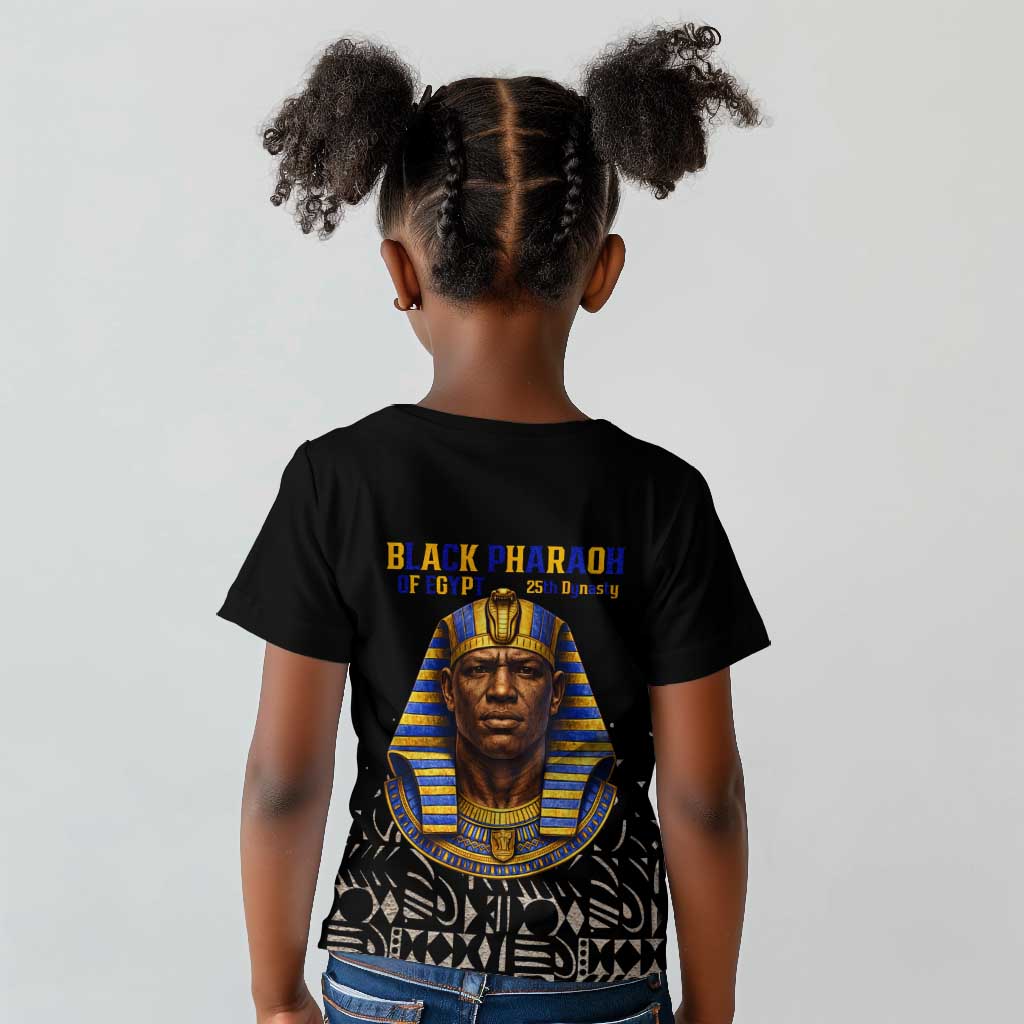 Taharqa Kid T shirt with Black Pharaoh Portrait, 25th Dynasty of Egypt Text and Nubian-Inspired - African Pride