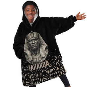 Taharqa Kid Wearable Blanket Hoodie with Black Pharaoh Portrait, 25th Dynasty of Egypt Text and Nubian-Inspired - African Pride