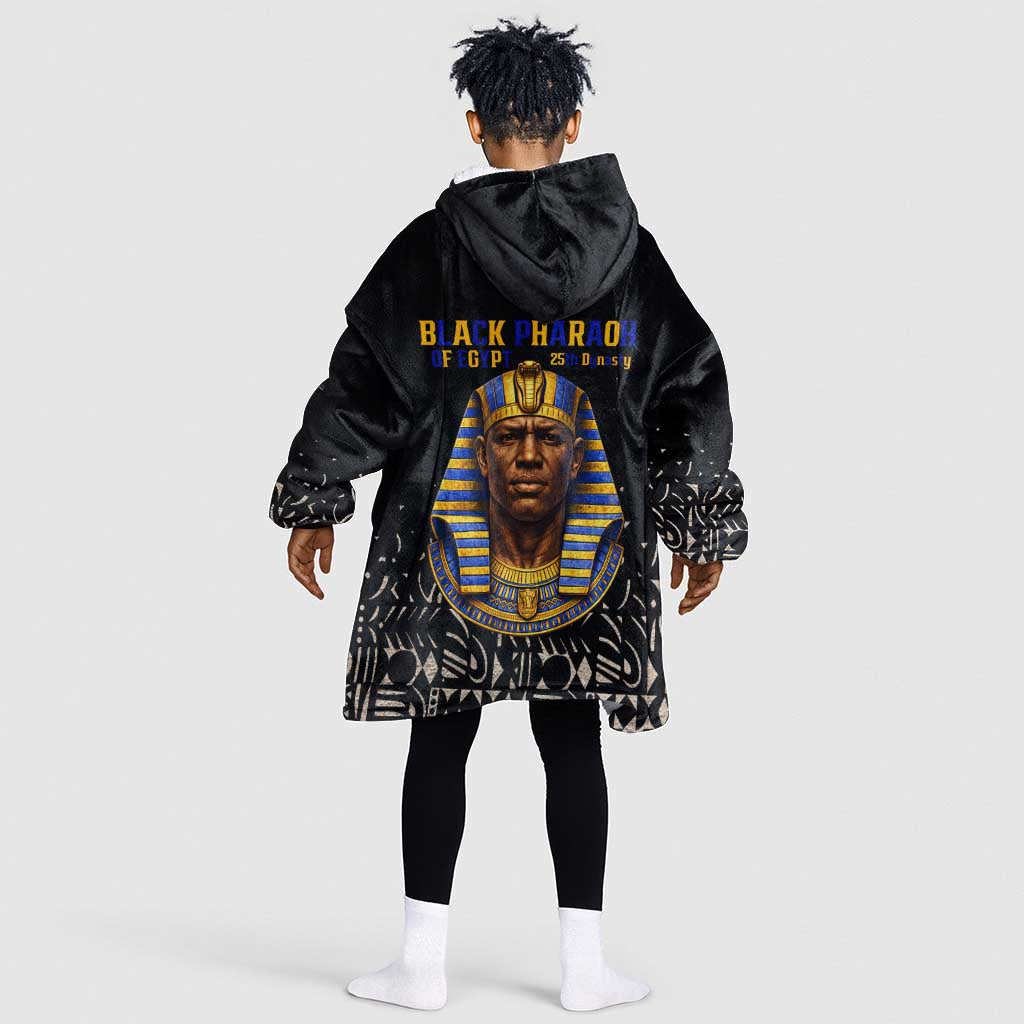 Taharqa Kid Wearable Blanket Hoodie with Black Pharaoh Portrait, 25th Dynasty of Egypt Text and Nubian-Inspired - African Pride