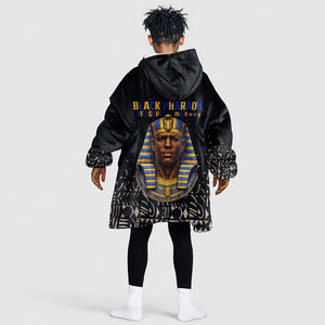 Taharqa Kid Wearable Blanket Hoodie with Black Pharaoh Portrait, 25th Dynasty of Egypt Text and Nubian-Inspired - African Pride