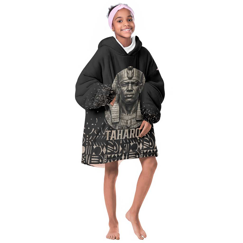 Taharqa Kid Wearable Blanket Hoodie with Black Pharaoh Portrait, 25th Dynasty of Egypt Text and Nubian-Inspired - African Pride