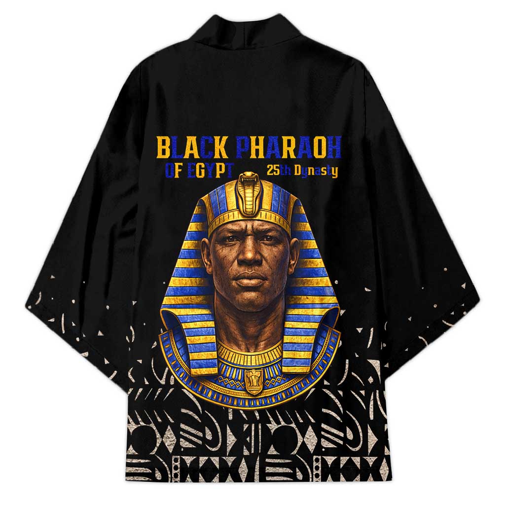 Taharqa Kimono with Black Pharaoh Portrait, 25th Dynasty of Egypt Text and Nubian-Inspired - African Pride