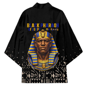 Taharqa Kimono with Black Pharaoh Portrait, 25th Dynasty of Egypt Text and Nubian-Inspired - African Pride