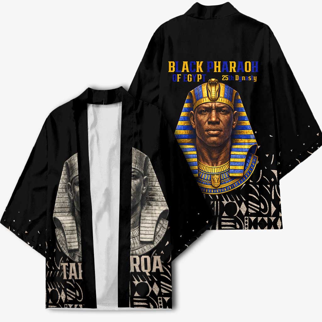 Taharqa Kimono with Black Pharaoh Portrait, 25th Dynasty of Egypt Text and Nubian-Inspired - African Pride