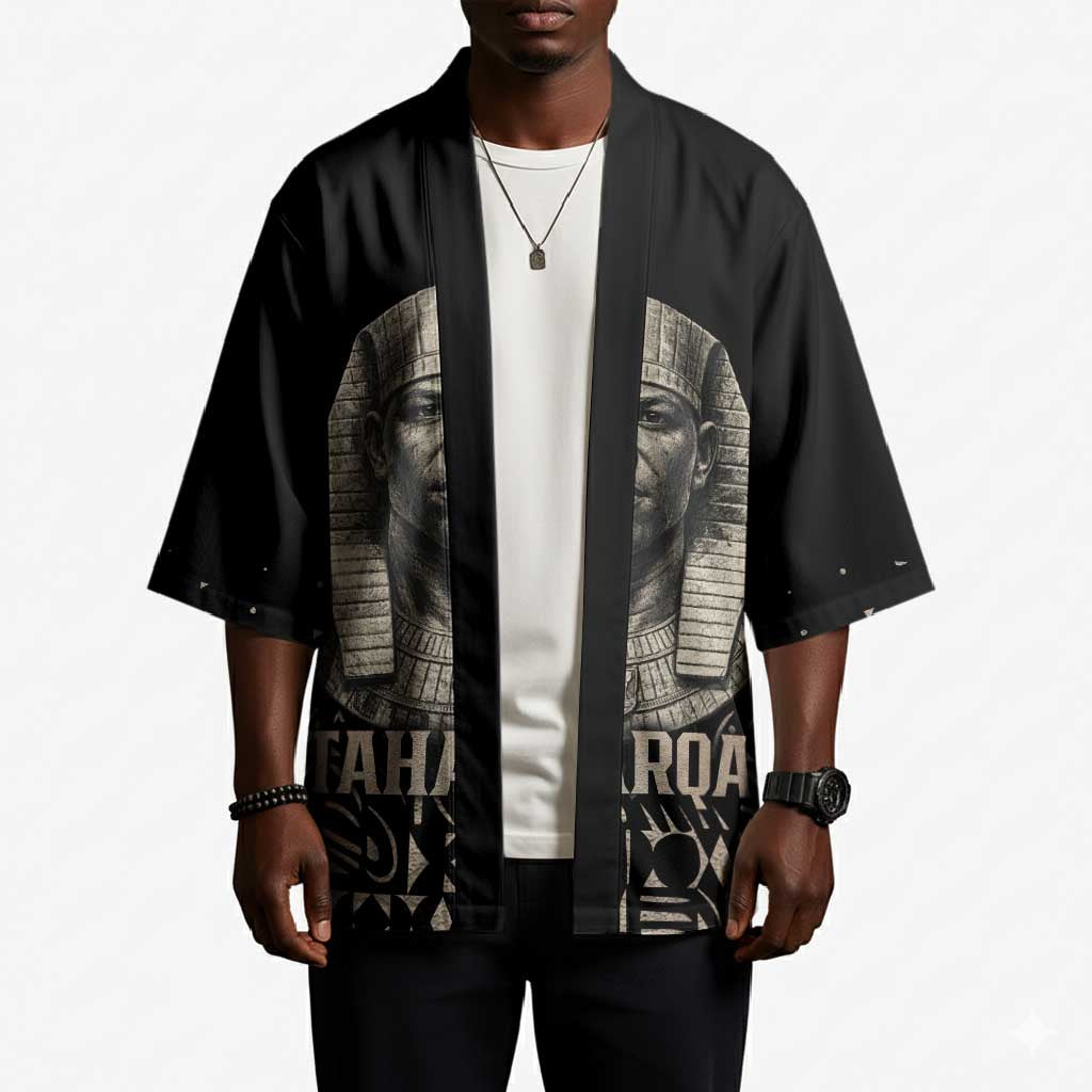 Taharqa Kimono with Black Pharaoh Portrait, 25th Dynasty of Egypt Text and Nubian-Inspired - African Pride
