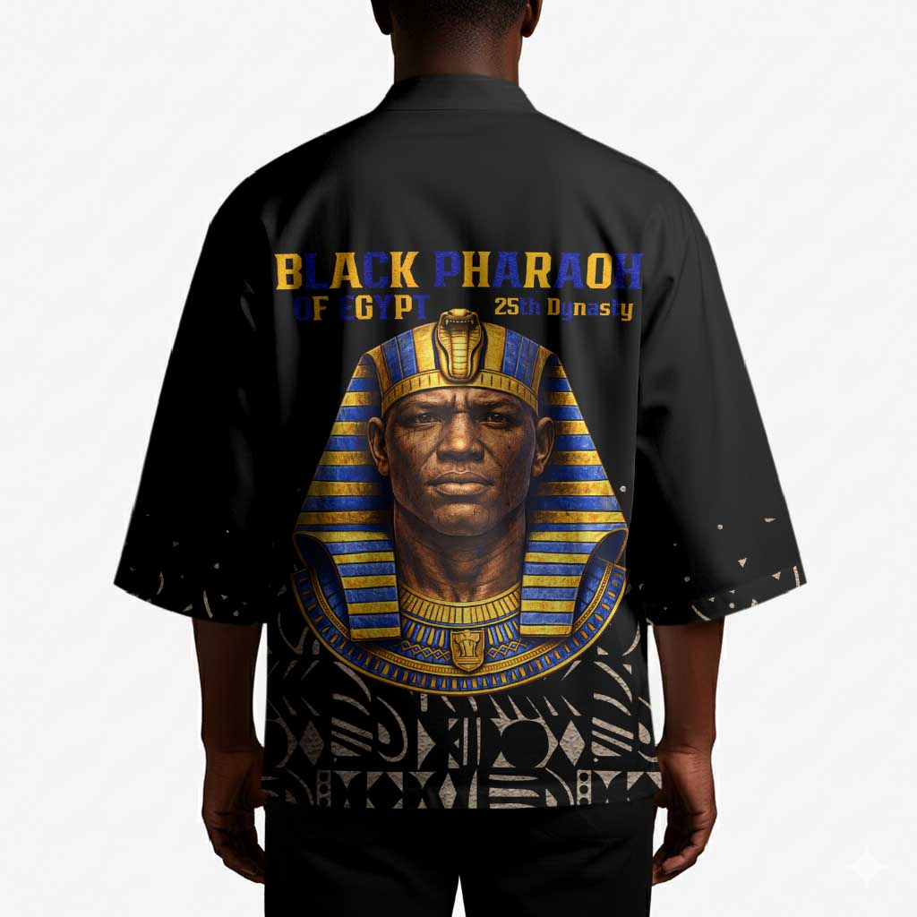 Taharqa Kimono with Black Pharaoh Portrait, 25th Dynasty of Egypt Text and Nubian-Inspired - African Pride