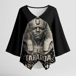Taharqa Kimono Sleeve Blouse with Black Pharaoh Portrait, 25th Dynasty of Egypt Text and Nubian-Inspired - African Pride