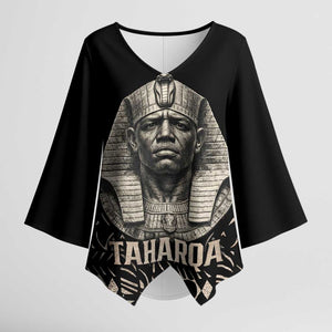Taharqa Kimono Sleeve Blouse with Black Pharaoh Portrait, 25th Dynasty of Egypt Text and Nubian-Inspired - African Pride