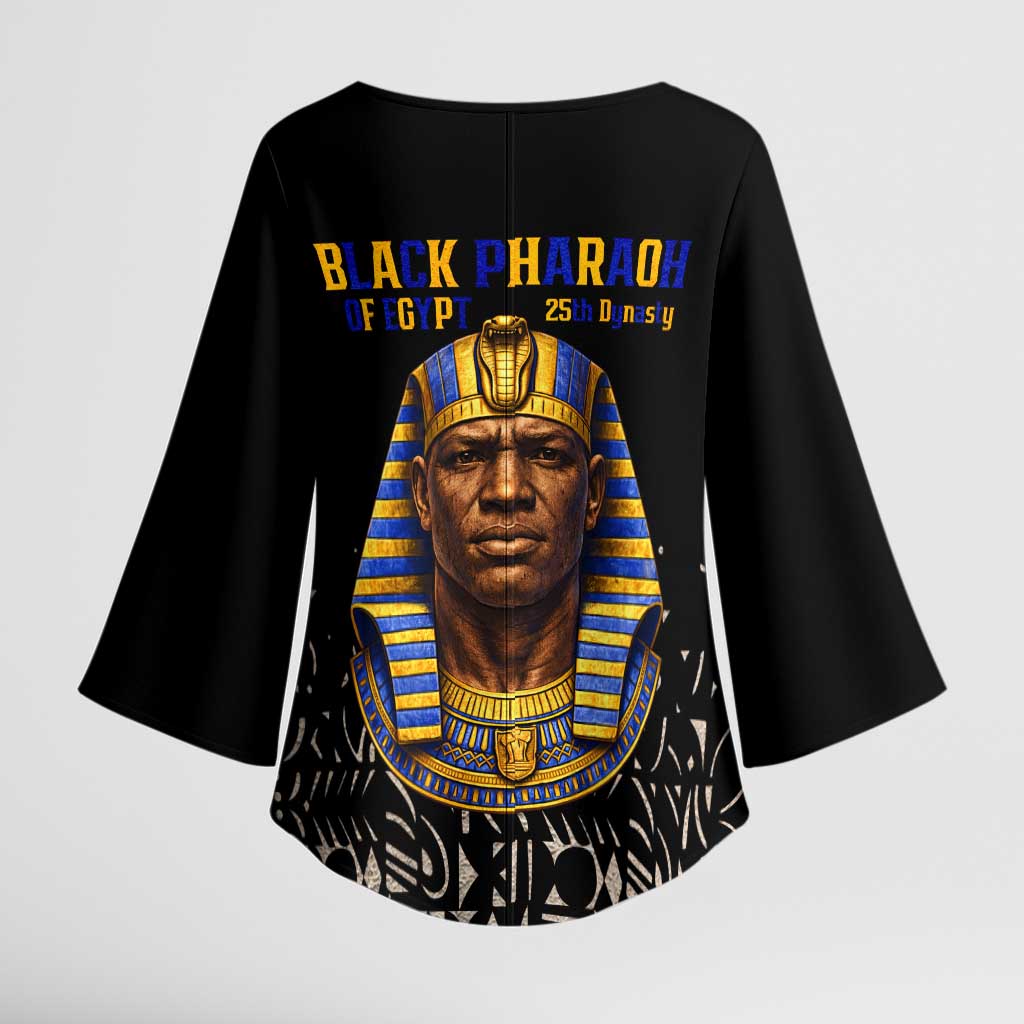 Taharqa Kimono Sleeve Blouse with Black Pharaoh Portrait, 25th Dynasty of Egypt Text and Nubian-Inspired - African Pride