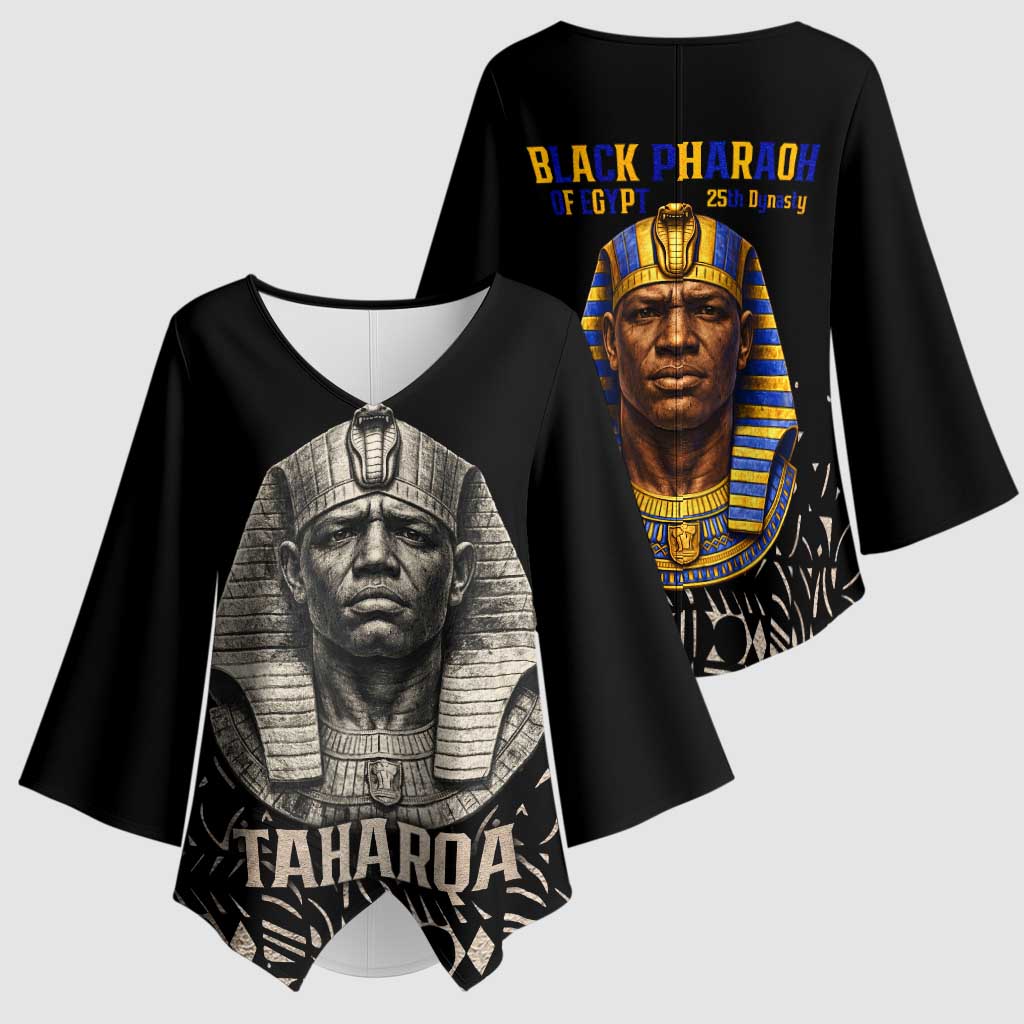 Taharqa Kimono Sleeve Blouse with Black Pharaoh Portrait, 25th Dynasty of Egypt Text and Nubian-Inspired - African Pride