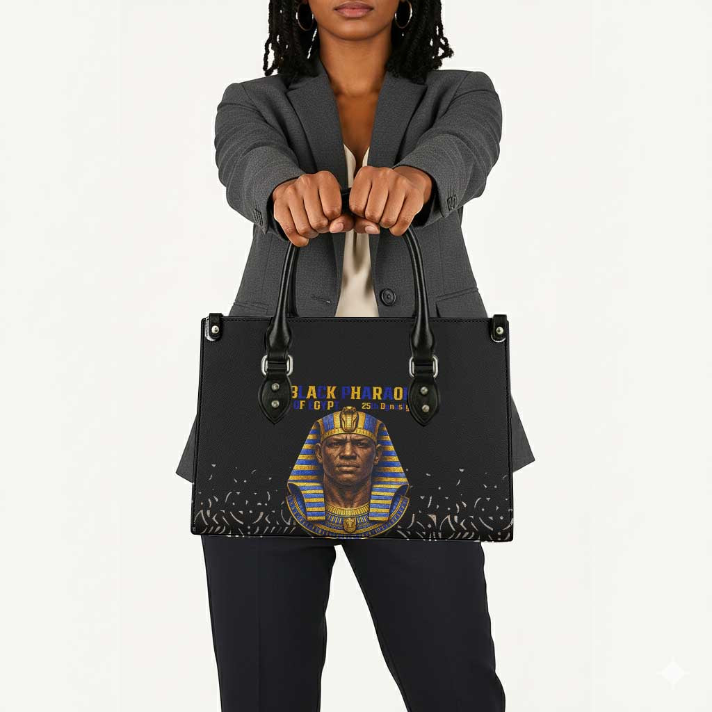 Taharqa Leather Bag with Black Pharaoh Portrait, 25th Dynasty of Egypt Text and Nubian-Inspired - African Pride