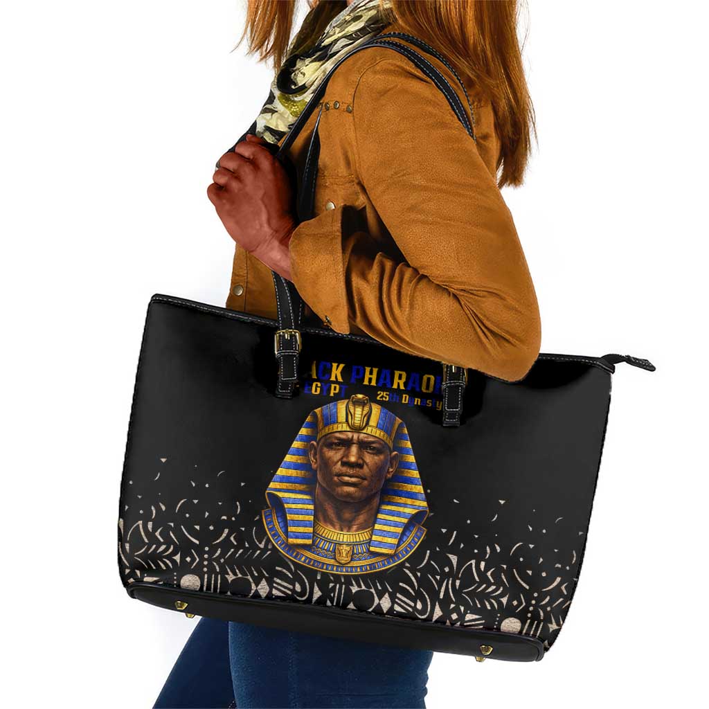 Taharqa Leather Tote Bag with Black Pharaoh Portrait, 25th Dynasty of Egypt Text and Nubian-Inspired - African Pride