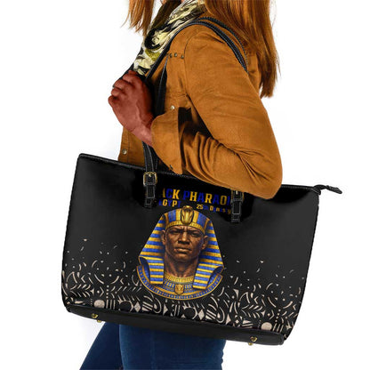 Taharqa Leather Tote Bag with Black Pharaoh Portrait, 25th Dynasty of Egypt Text and Nubian-Inspired - African Pride
