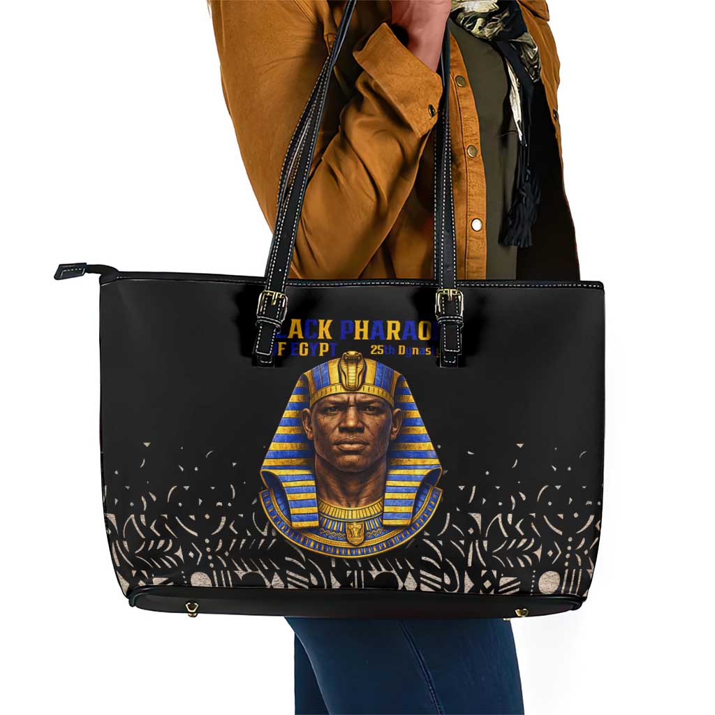 Taharqa Leather Tote Bag with Black Pharaoh Portrait, 25th Dynasty of Egypt Text and Nubian-Inspired - African Pride