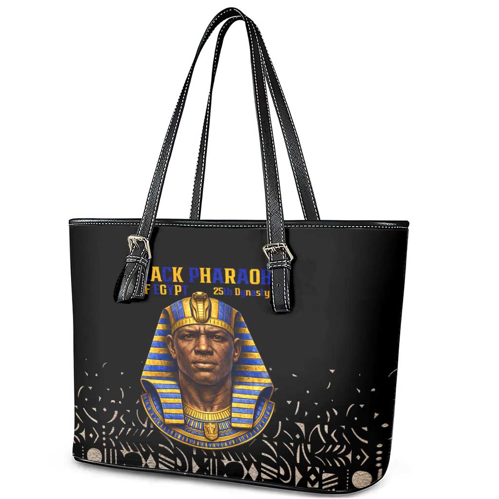 Taharqa Leather Tote Bag with Black Pharaoh Portrait, 25th Dynasty of Egypt Text and Nubian-Inspired - African Pride
