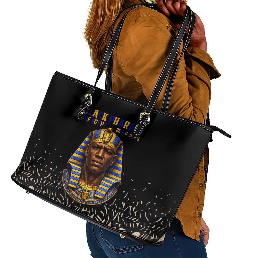 Taharqa Leather Tote Bag with Black Pharaoh Portrait, 25th Dynasty of Egypt Text and Nubian-Inspired - African Pride