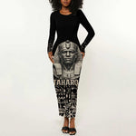 Taharqa Long Sleeve Bodycon Dress with Black Pharaoh Portrait, 25th Dynasty of Egypt Text and Nubian-Inspired - African Pride