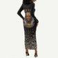 Taharqa Long Sleeve Bodycon Dress with Black Pharaoh Portrait, 25th Dynasty of Egypt Text and Nubian-Inspired - African Pride