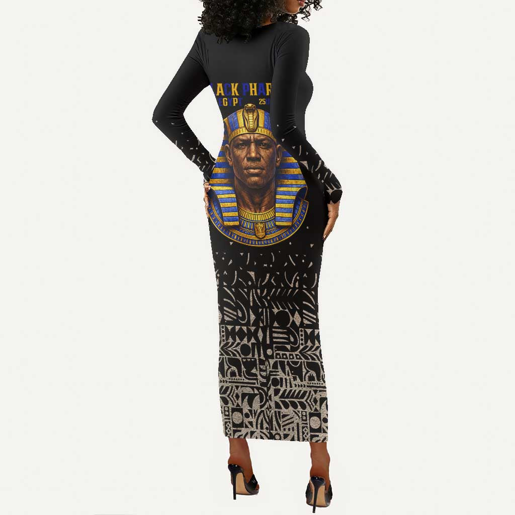Taharqa Long Sleeve Bodycon Dress with Black Pharaoh Portrait, 25th Dynasty of Egypt Text and Nubian-Inspired - African Pride