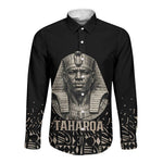 Taharqa Long Sleeve Button Shirt with Black Pharaoh Portrait, 25th Dynasty of Egypt Text and Nubian-Inspired - African Pride