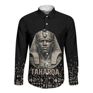Taharqa Long Sleeve Button Shirt with Black Pharaoh Portrait, 25th Dynasty of Egypt Text and Nubian-Inspired - African Pride