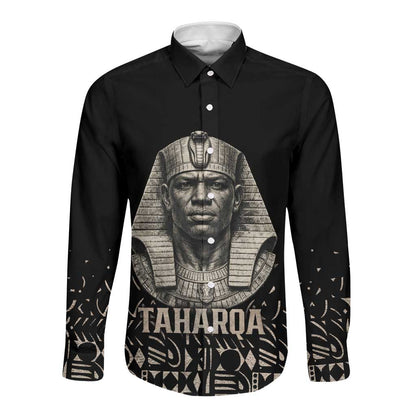 Taharqa Long Sleeve Button Shirt with Black Pharaoh Portrait, 25th Dynasty of Egypt Text and Nubian-Inspired - African Pride