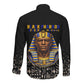 Taharqa Long Sleeve Button Shirt with Black Pharaoh Portrait, 25th Dynasty of Egypt Text and Nubian-Inspired - African Pride