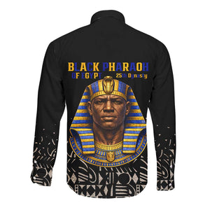 Taharqa Long Sleeve Button Shirt with Black Pharaoh Portrait, 25th Dynasty of Egypt Text and Nubian-Inspired - African Pride