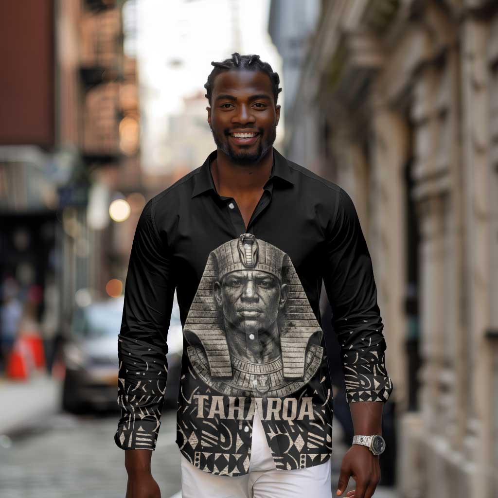Taharqa Long Sleeve Button Shirt with Black Pharaoh Portrait, 25th Dynasty of Egypt Text and Nubian-Inspired - African Pride