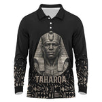 Taharqa Long Sleeve Polo Shirt with Black Pharaoh Portrait, 25th Dynasty of Egypt Text and Nubian-Inspired - African Pride
