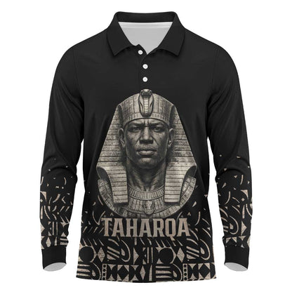 Taharqa Long Sleeve Polo Shirt with Black Pharaoh Portrait, 25th Dynasty of Egypt Text and Nubian-Inspired - African Pride