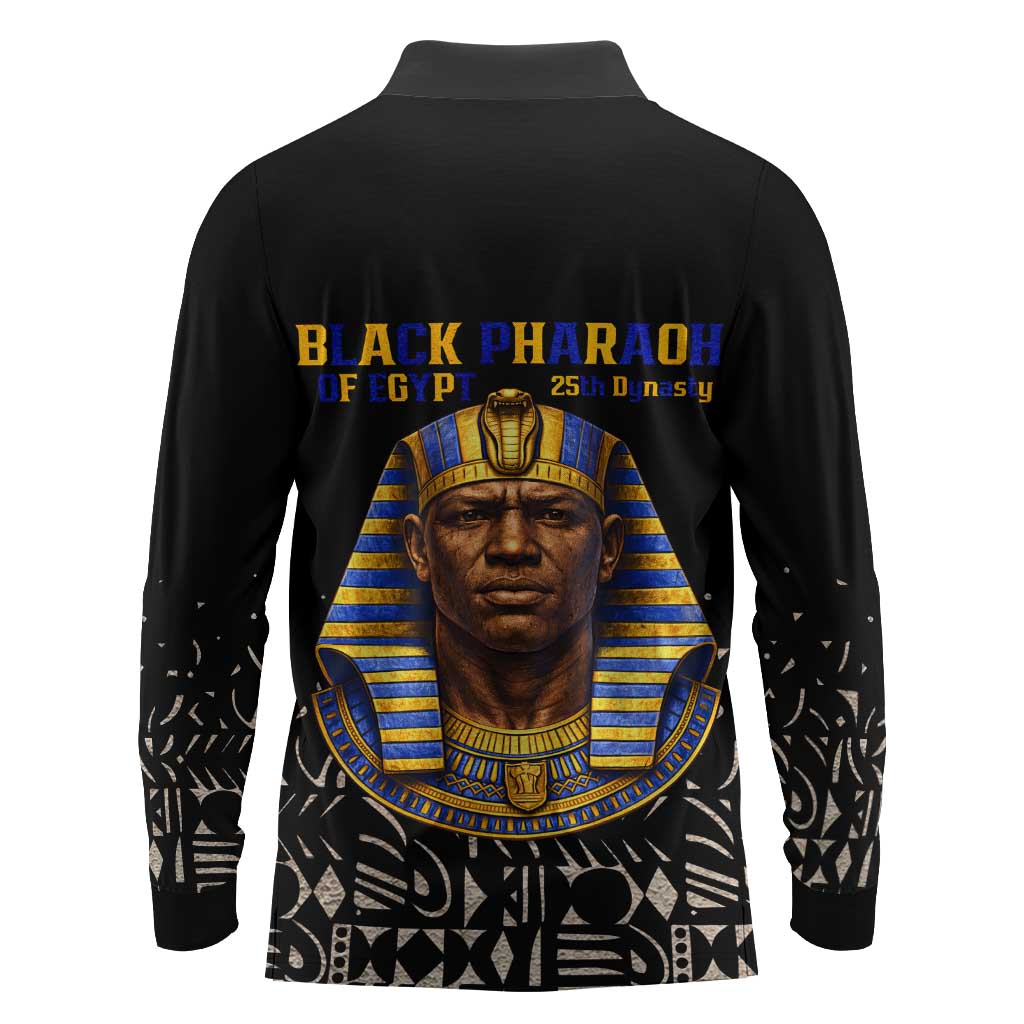 Taharqa Long Sleeve Polo Shirt with Black Pharaoh Portrait, 25th Dynasty of Egypt Text and Nubian-Inspired - African Pride