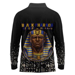 Taharqa Long Sleeve Polo Shirt with Black Pharaoh Portrait, 25th Dynasty of Egypt Text and Nubian-Inspired - African Pride