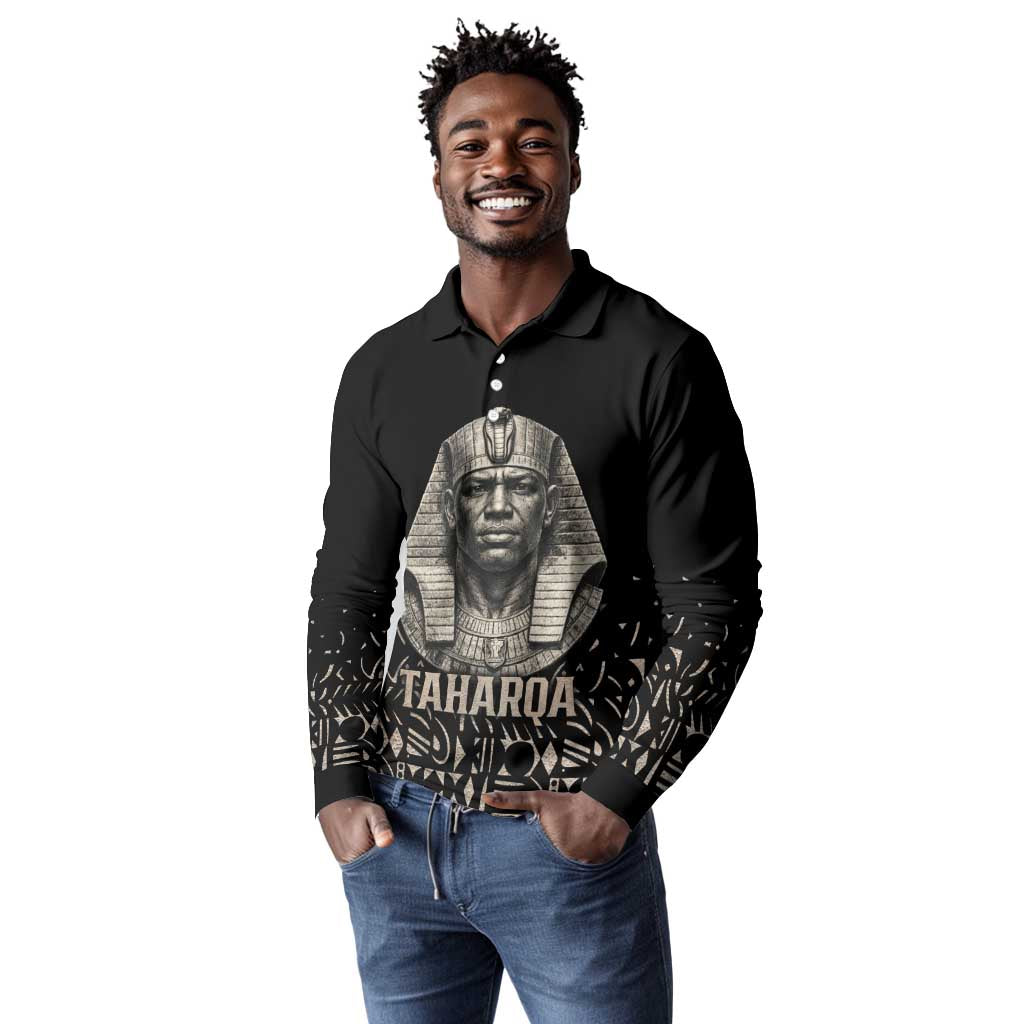 Taharqa Long Sleeve Polo Shirt with Black Pharaoh Portrait, 25th Dynasty of Egypt Text and Nubian-Inspired - African Pride