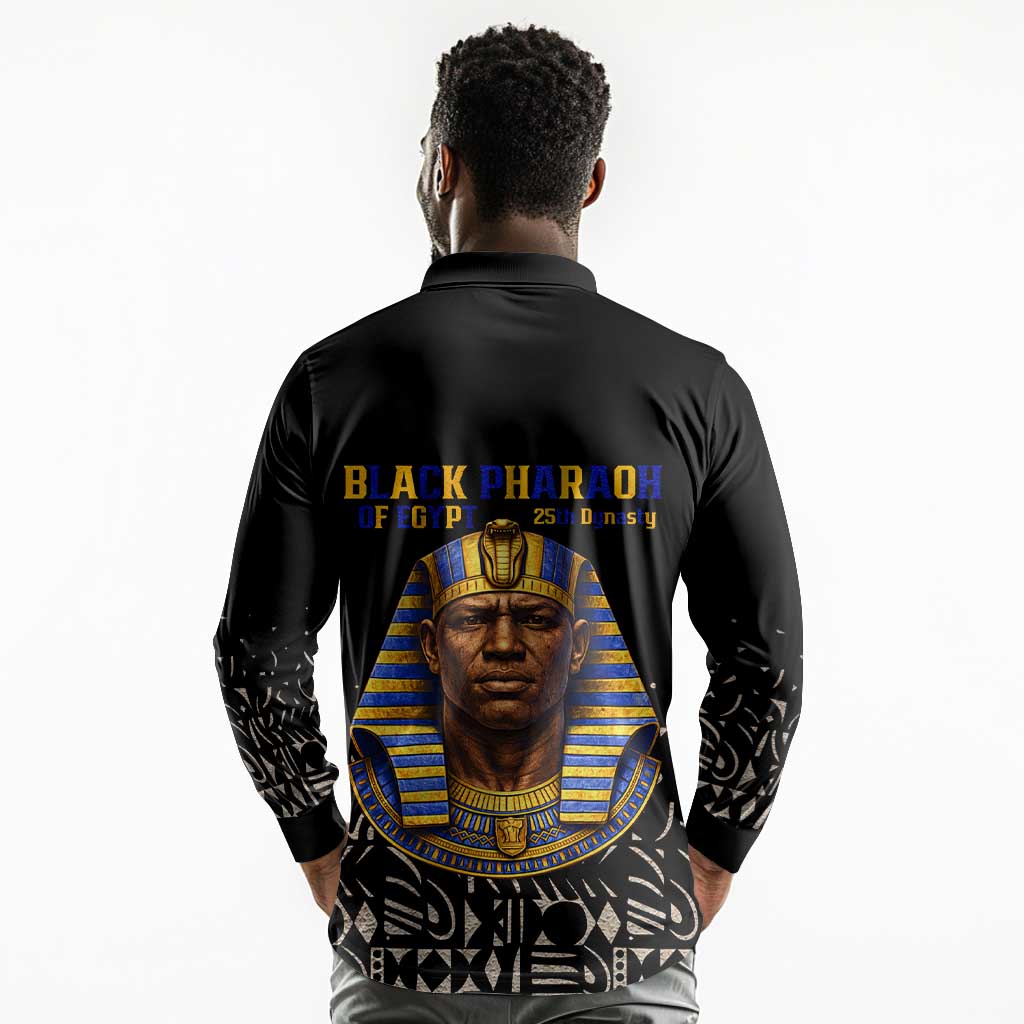Taharqa Long Sleeve Polo Shirt with Black Pharaoh Portrait, 25th Dynasty of Egypt Text and Nubian-Inspired - African Pride