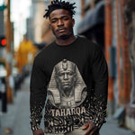 Taharqa Long Sleeve Shirt with Black Pharaoh Portrait, 25th Dynasty of Egypt Text and Nubian-Inspired - African Pride