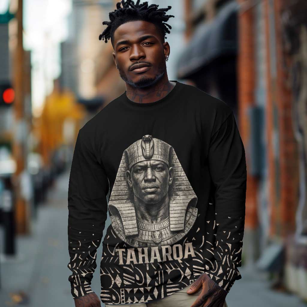 Taharqa Long Sleeve Shirt with Black Pharaoh Portrait, 25th Dynasty of Egypt Text and Nubian-Inspired - African Pride