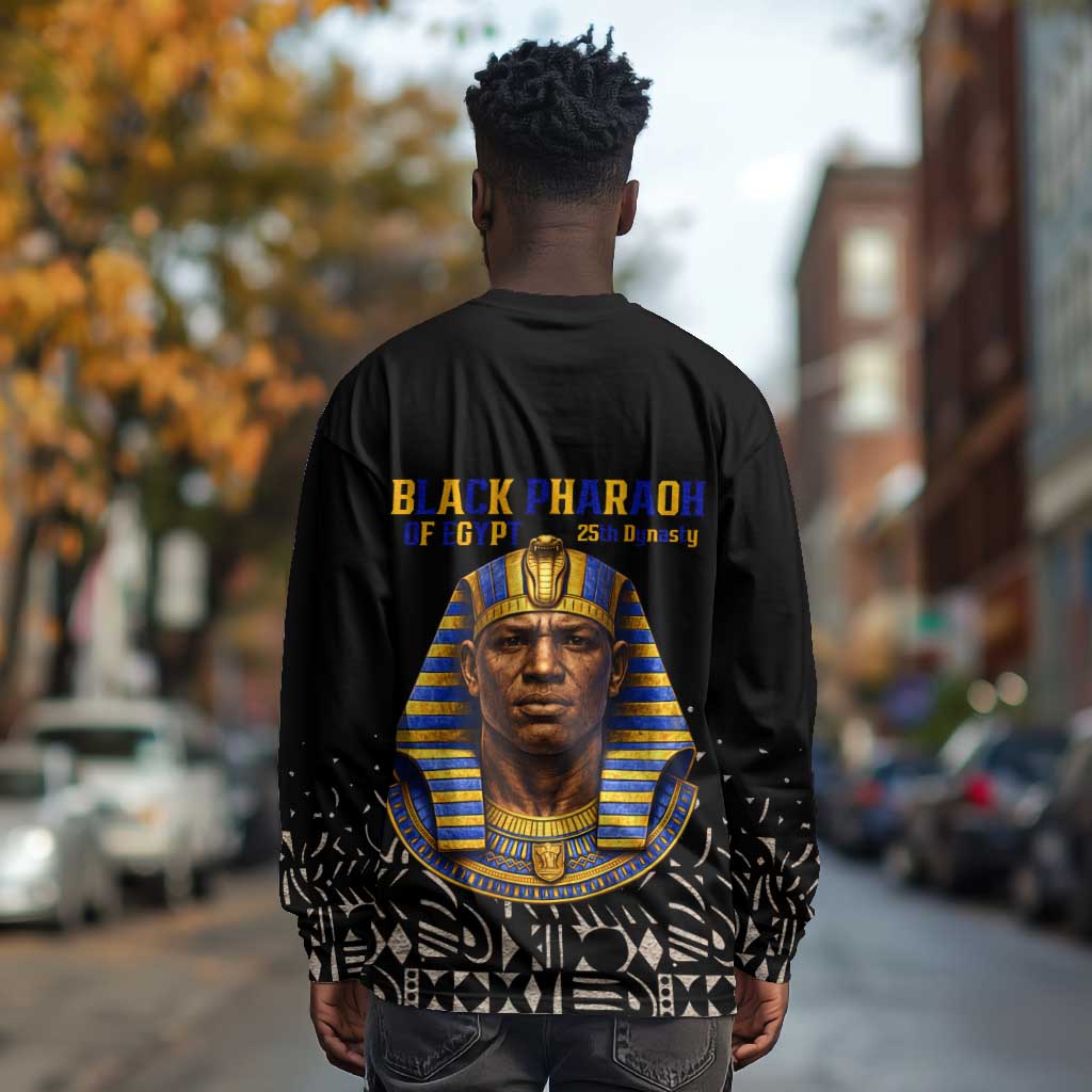 Taharqa Long Sleeve Shirt with Black Pharaoh Portrait, 25th Dynasty of Egypt Text and Nubian-Inspired - African Pride