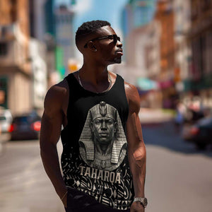 Taharqa Men Tank Top with Black Pharaoh Portrait, 25th Dynasty of Egypt Text and Nubian-Inspired - African Pride