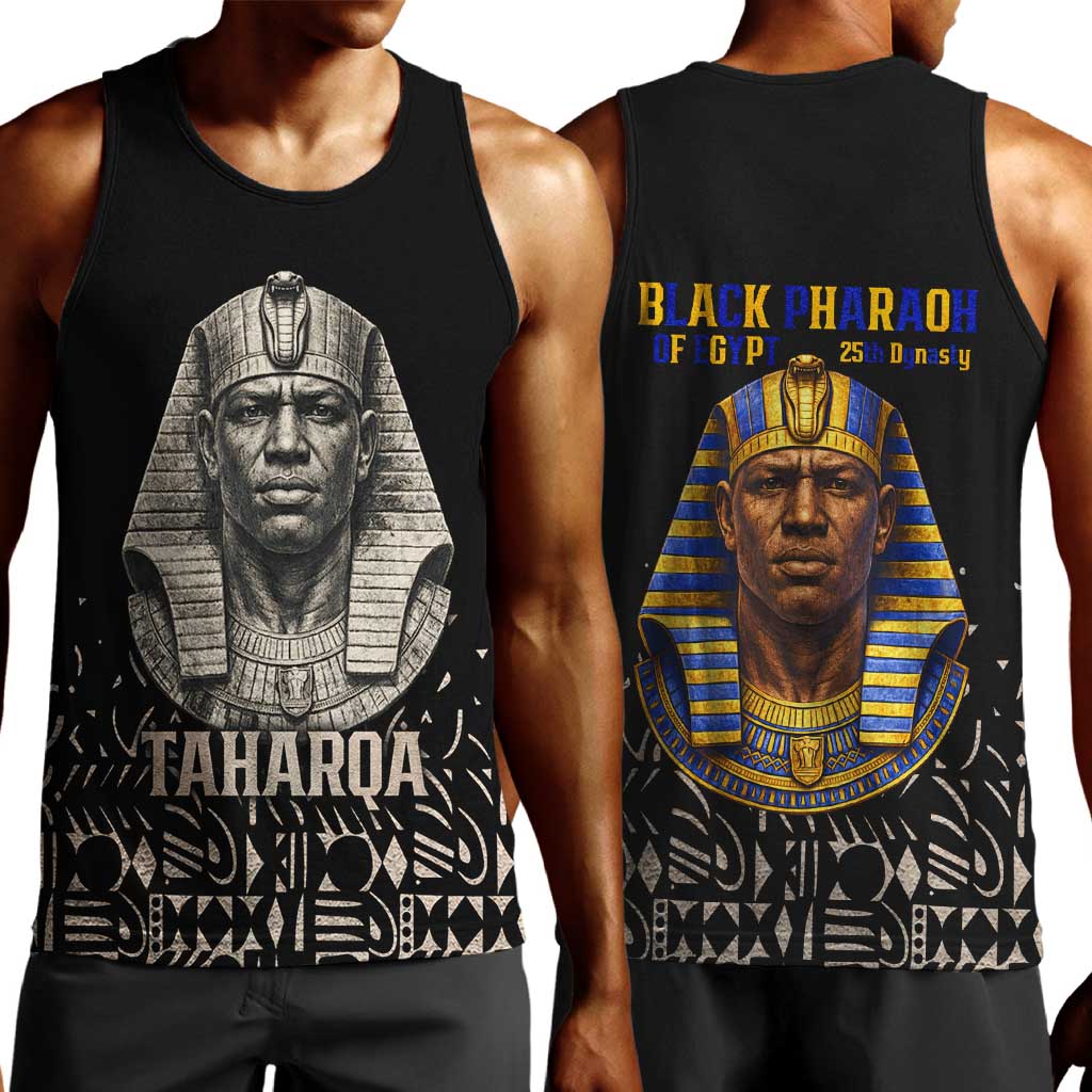 Taharqa Men Tank Top with Black Pharaoh Portrait, 25th Dynasty of Egypt Text and Nubian-Inspired - African Pride