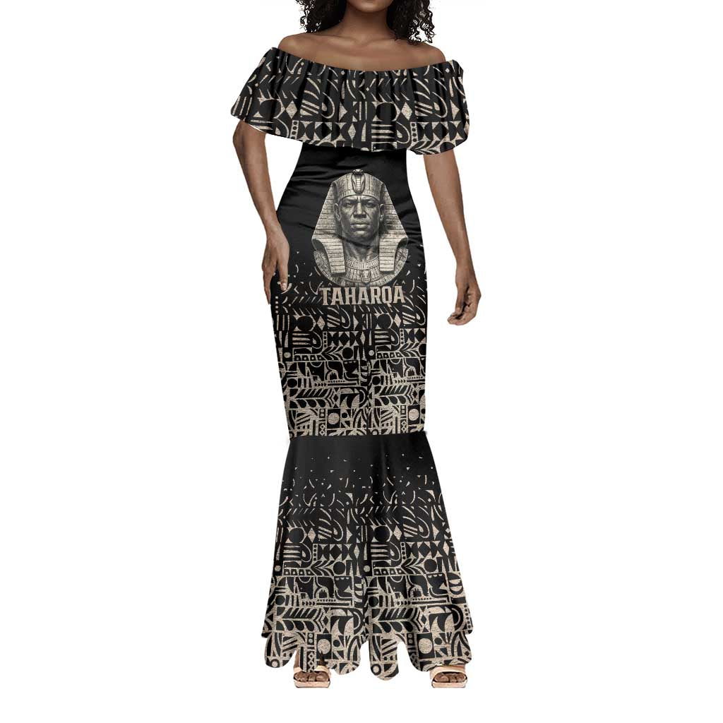 Taharqa Mermaid Dress with Black Pharaoh Portrait, 25th Dynasty of Egypt Text and Nubian-Inspired - African Pride