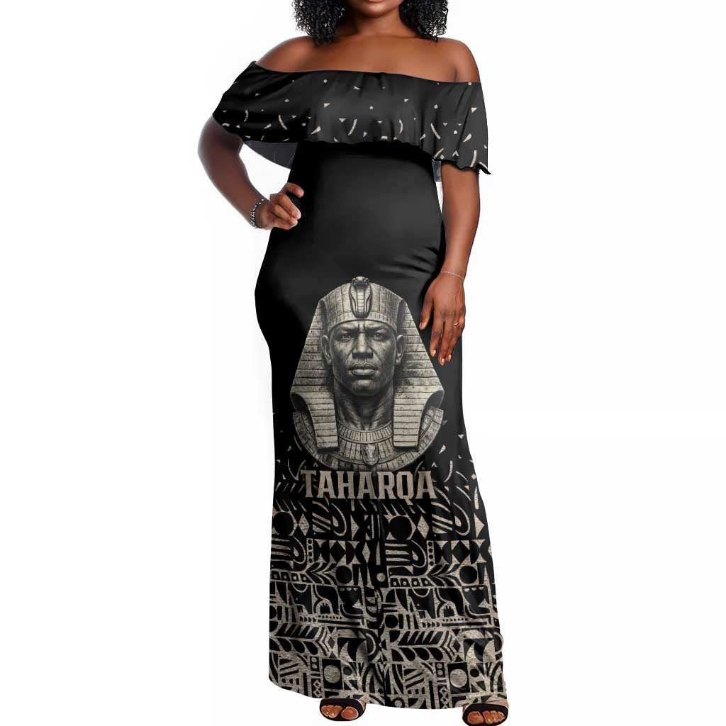 Taharqa Off Shoulder Maxi Dress with Black Pharaoh Portrait, 25th Dynasty of Egypt Text and Nubian-Inspired - African Pride