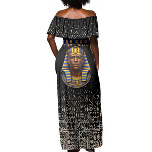 Taharqa Off Shoulder Maxi Dress with Black Pharaoh Portrait, 25th Dynasty of Egypt Text and Nubian-Inspired - African Pride