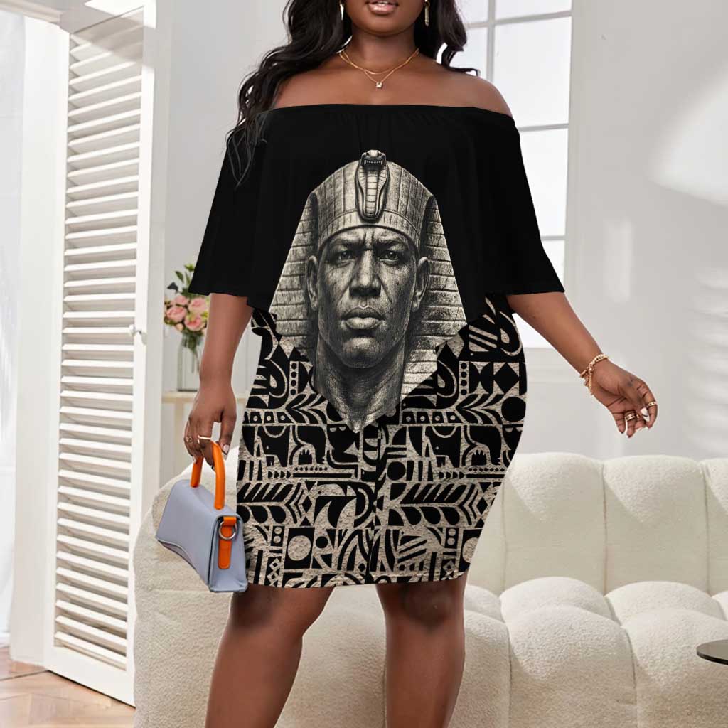 Taharqa Off Shoulder Short Dress with Black Pharaoh Portrait, 25th Dynasty of Egypt Text and Nubian-Inspired - African Pride