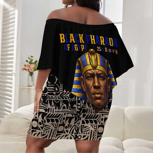 Taharqa Off Shoulder Short Dress with Black Pharaoh Portrait, 25th Dynasty of Egypt Text and Nubian-Inspired - African Pride