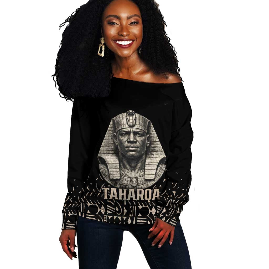 Taharqa Off Shoulder Sweater with Black Pharaoh Portrait, 25th Dynasty of Egypt Text and Nubian-Inspired - African Pride