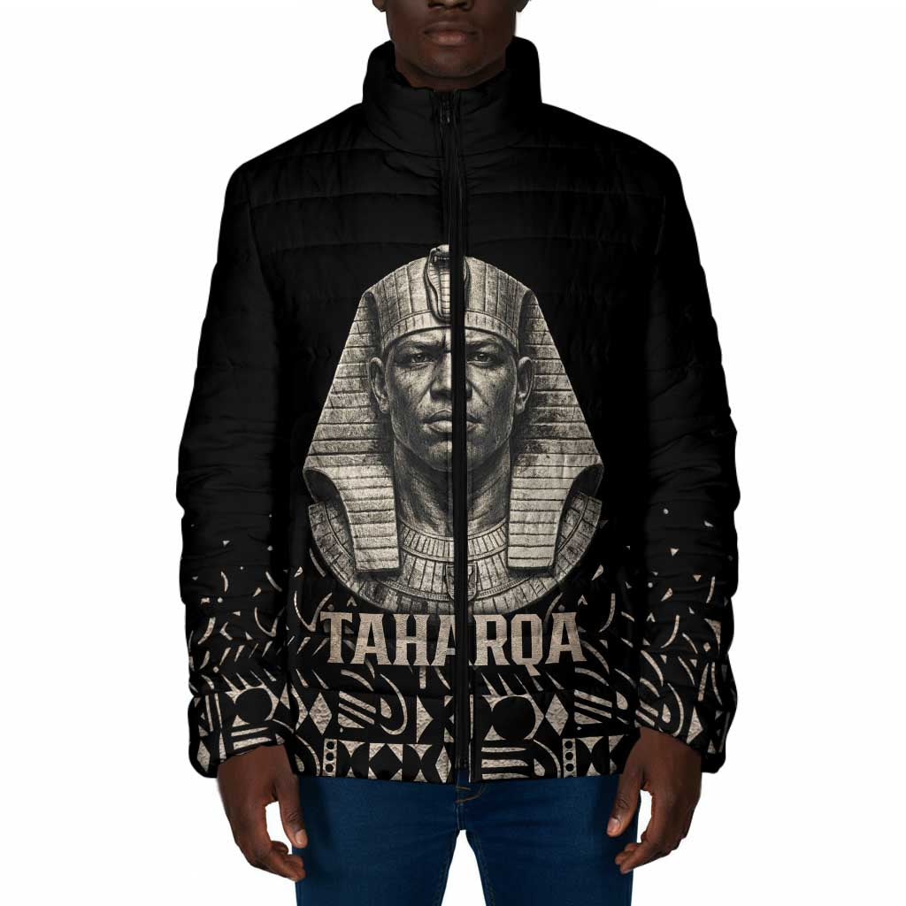Taharqa Padded Jacket with Black Pharaoh Portrait, 25th Dynasty of Egypt Text and Nubian-Inspired - African Pride