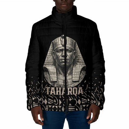 Taharqa Padded Jacket with Black Pharaoh Portrait, 25th Dynasty of Egypt Text and Nubian-Inspired - African Pride