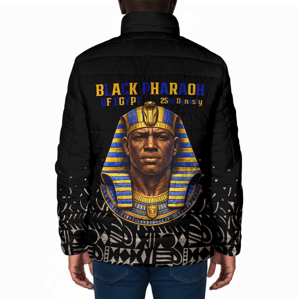 Taharqa Padded Jacket with Black Pharaoh Portrait, 25th Dynasty of Egypt Text and Nubian-Inspired - African Pride