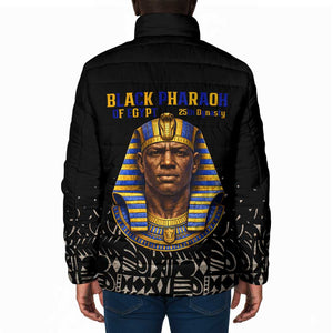 Taharqa Padded Jacket with Black Pharaoh Portrait, 25th Dynasty of Egypt Text and Nubian-Inspired - African Pride